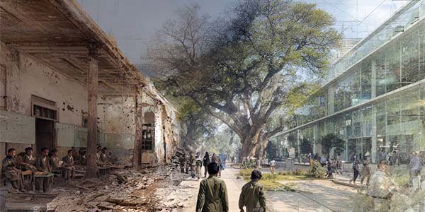 Contrast of Pakistani education system — poor condition of primary and secondary schools on one side, modern international-standard universities on the other, daytime panoramic view