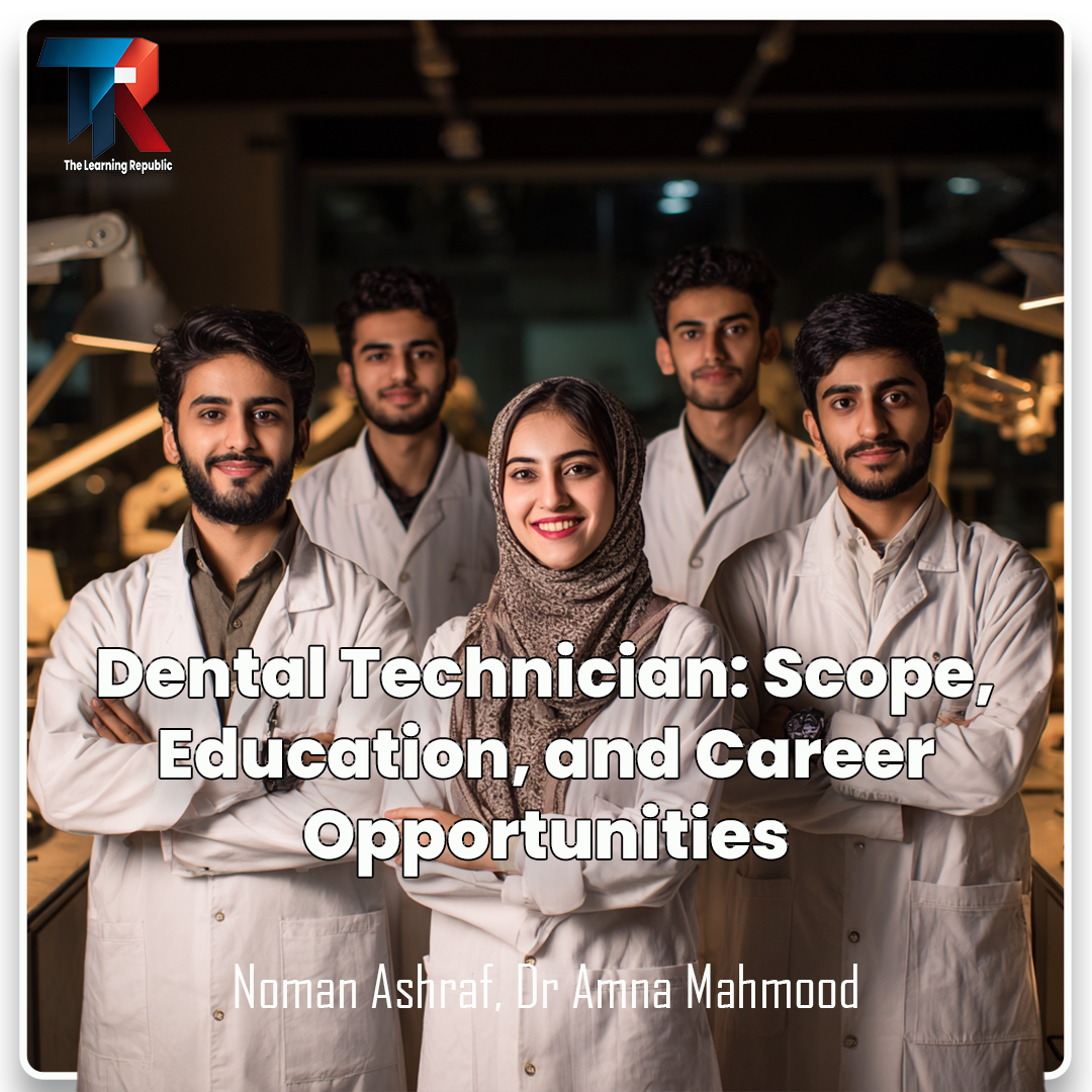 Confident Pakistani Dental Technology students, male and female, in lab coats posing in a warm, softly lit dental lab