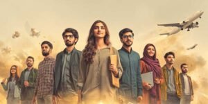 Pakistani university students symbolizing future leaders, standing confidently with blended backgrounds of industry, agriculture, and logistics