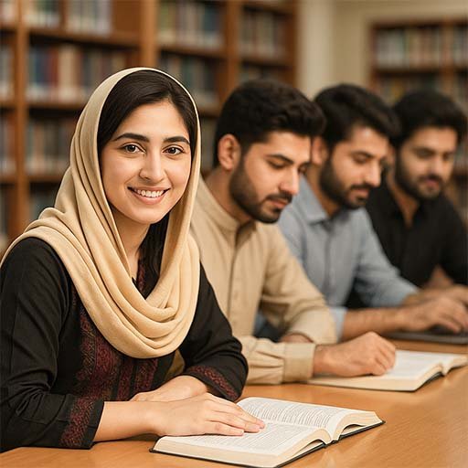 Overseas Pakistani female student wearing a dupatta studying in a university library in Pakistan, looking confidently at the camera.