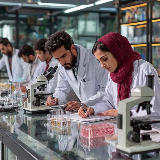 Pakistani postgraduate students in lab coats conducting physiology experiments in a modern biomedical laboratory