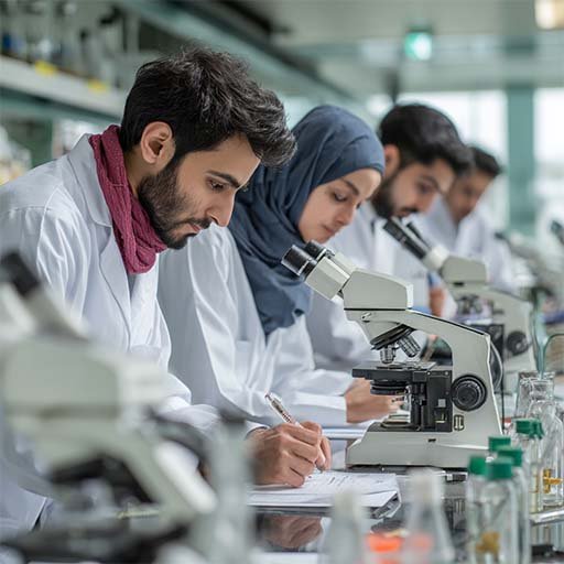 Two male and one female Pakistani MPhil students in lab coats posing for a professional academic portrait