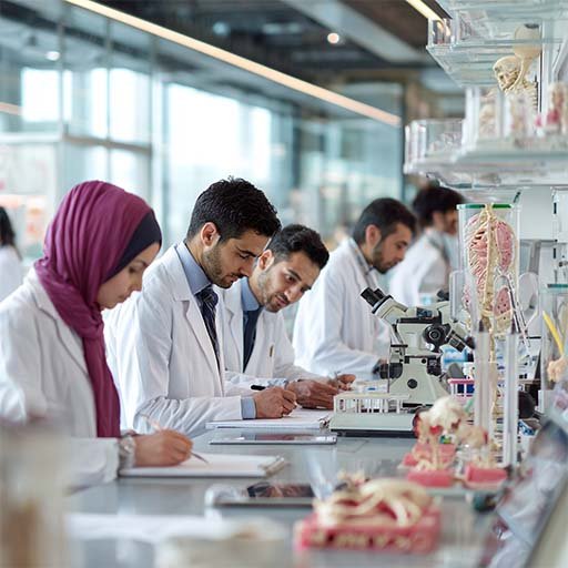 Pakistani postgraduate students in physiology standing confidently in a bright academic setting.